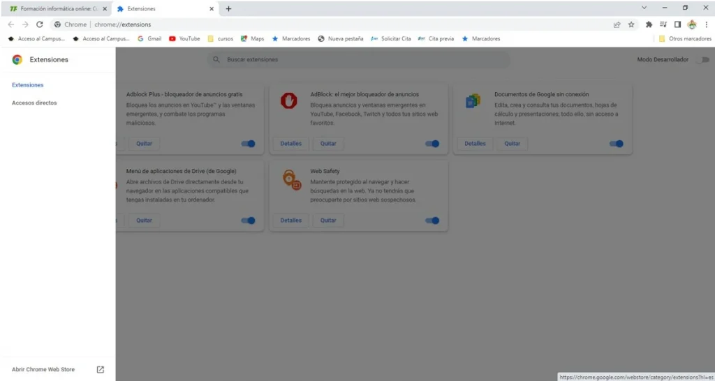 opciones del navegador Chrome