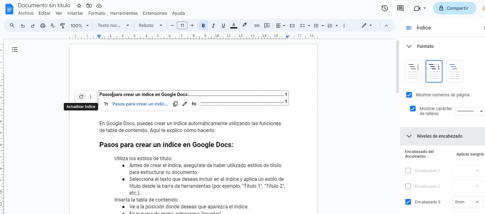 Actualizar índice en Google Docs