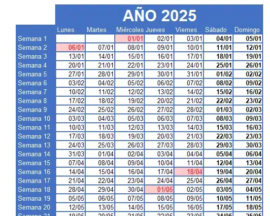 Plantilla Semanal 2025 en Excel y PDF