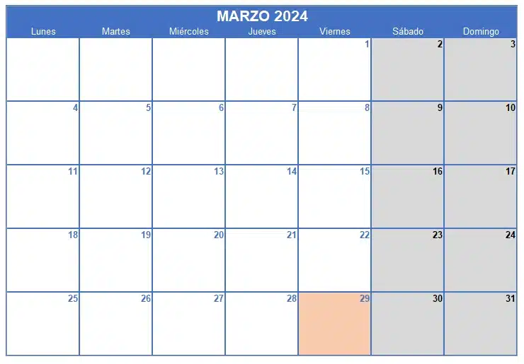 Calendario marzo 2024 en Excel, Word y PDF