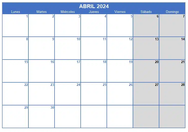 Calendario abril 2024 en Excel, Word y PDF