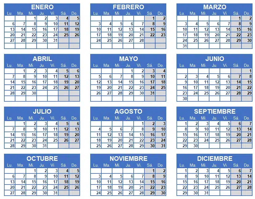 Calendario 2025 en Excel y PDF