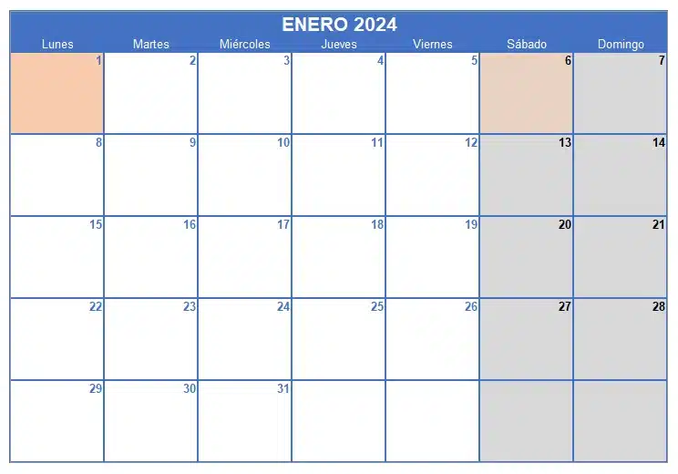 Calendario 2024 en Excel: plantilla mensual