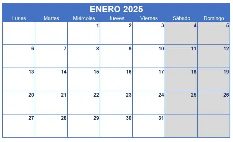 Calendario 2025 en Excel y PDF: plantilla mensual