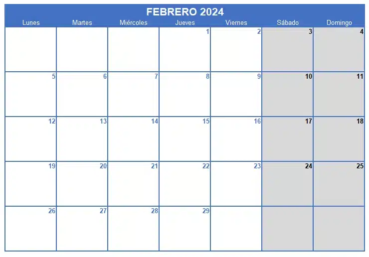 Calendario febrero 2024 en Excel, Word y PDF