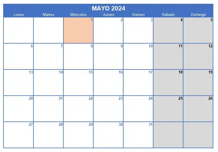 Calendario mayo 2024 en Excel, Word y PDF