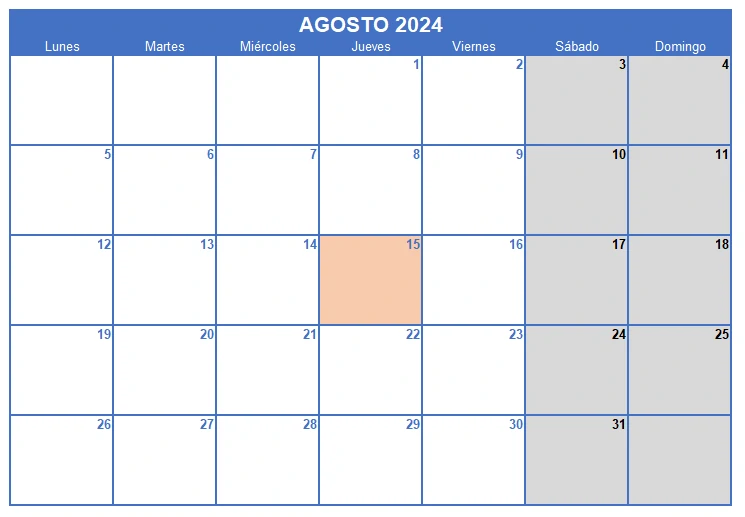 Calendario agosto 2024 en Excel, Word y PDF