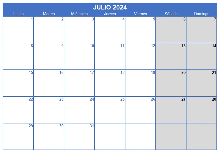 Calendario julio 2024 en Excel, Word y PDF