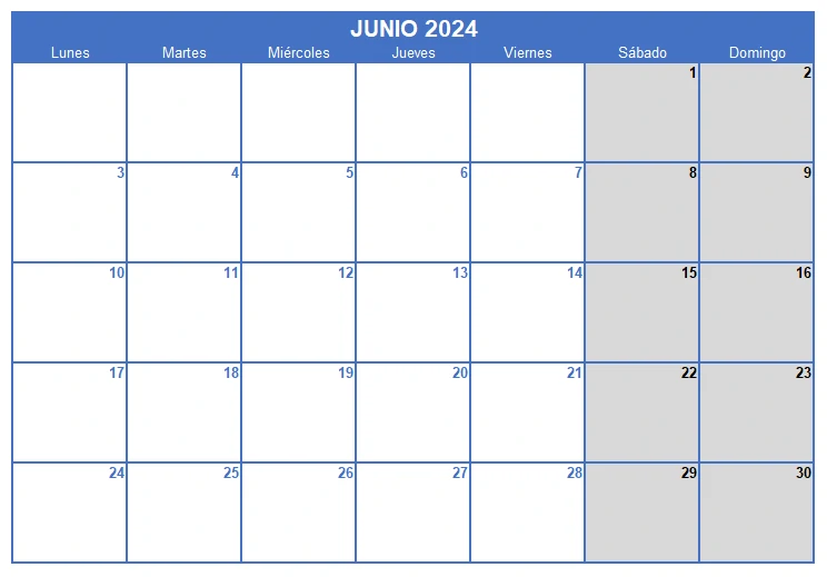 Calendario junio 2024 en Excel, Word y PDF