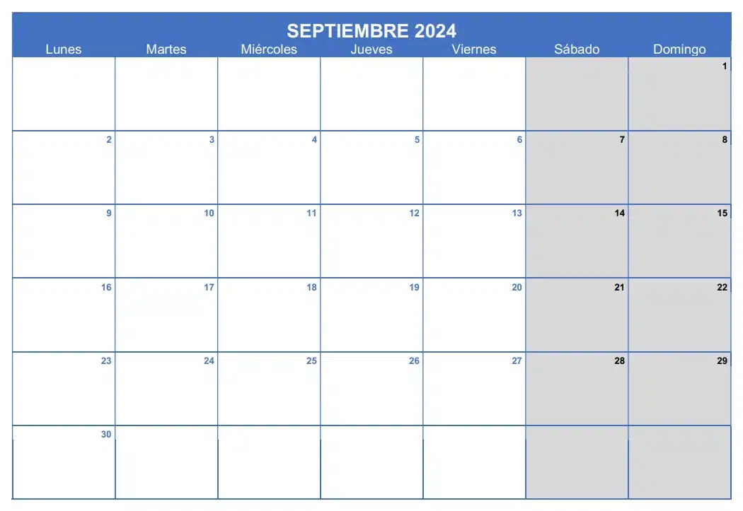 Calendario septiembre 2024 en Excel, Word y PDF