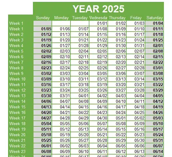 Weekly Template 2025 with Holidays
